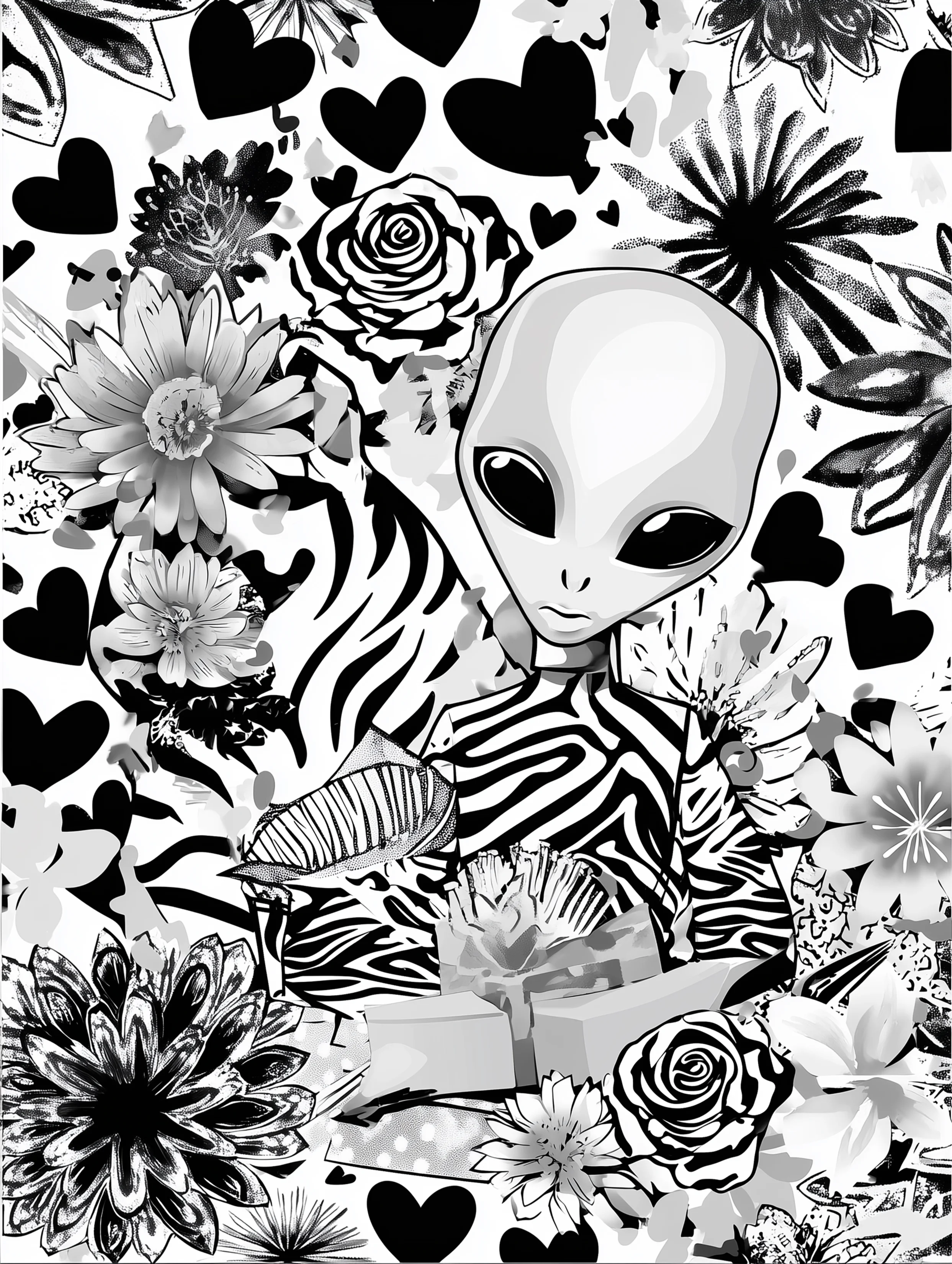 Free printable alien coloring page for adults featuring a mish mash of alien themed elements